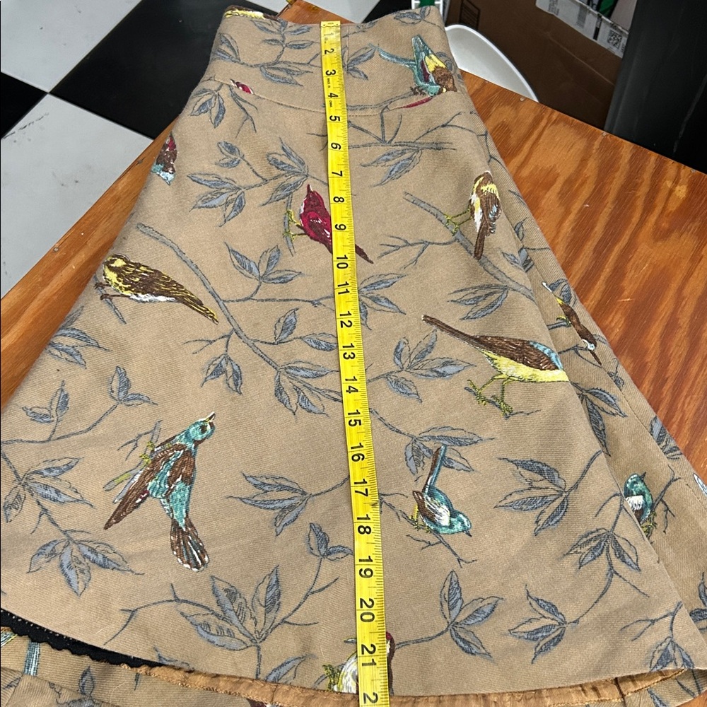 Anthropologie Elevenses Wool A-Line Skirt with Bird Print, tan, gray, red. - Picture 10 of 10